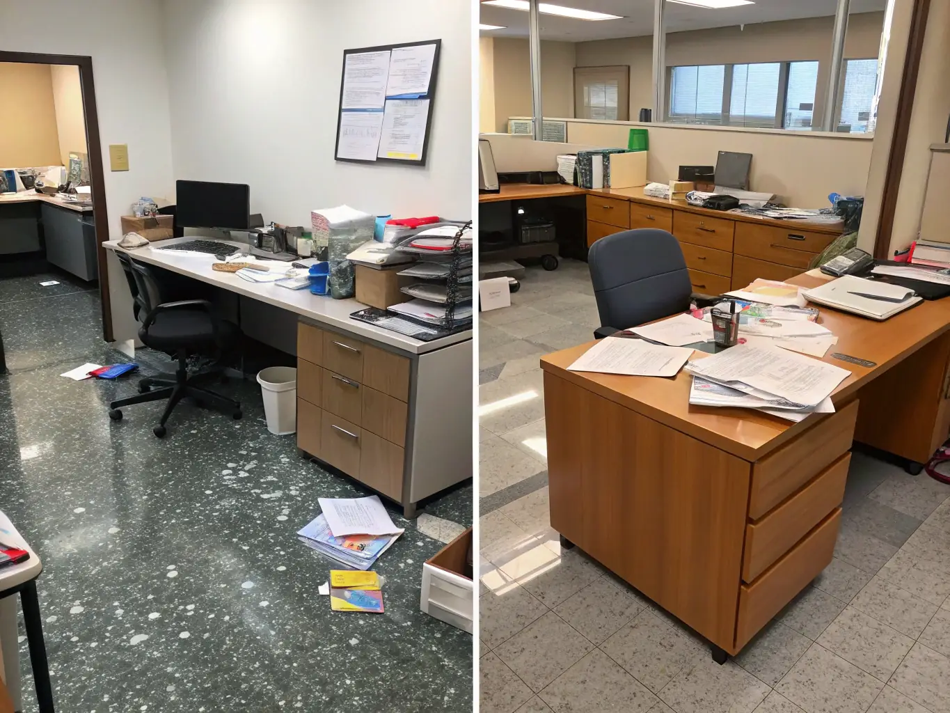A before-and-after shot of a heavily soiled area being transformed into a spotless clean space by Xiomara Commercial Cleaning services.