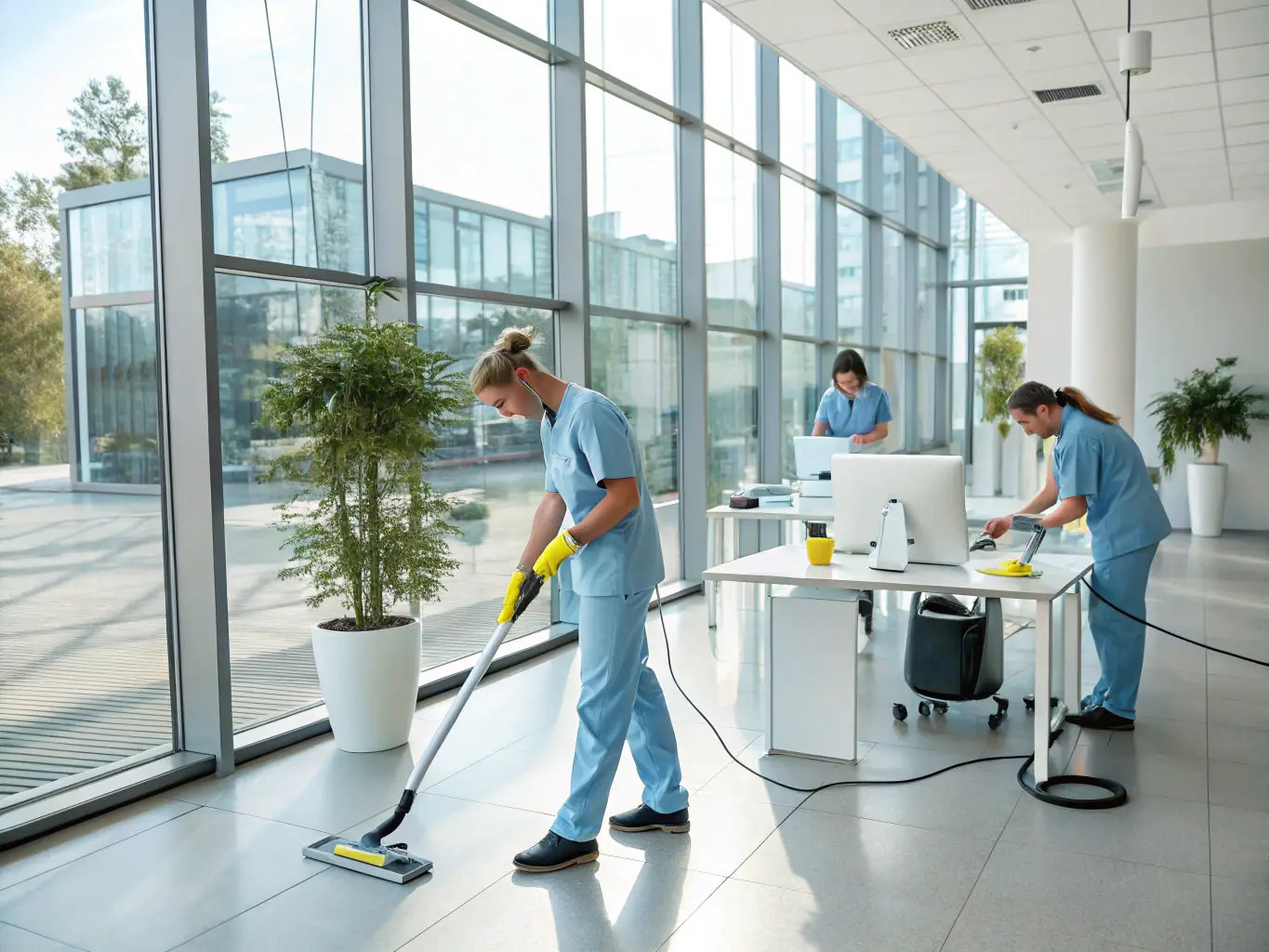 A brightly lit modern office space being cleaned by a professional cleaning crew, showcasing their attention to detail and use of advanced equipment.