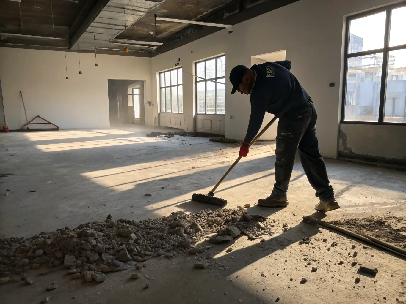 A time-lapse video showing a construction site being transformed from a dusty, debris-filled area to a clean, move-in ready space by Xiomara Commercial Cleaning's construction cleaning team.