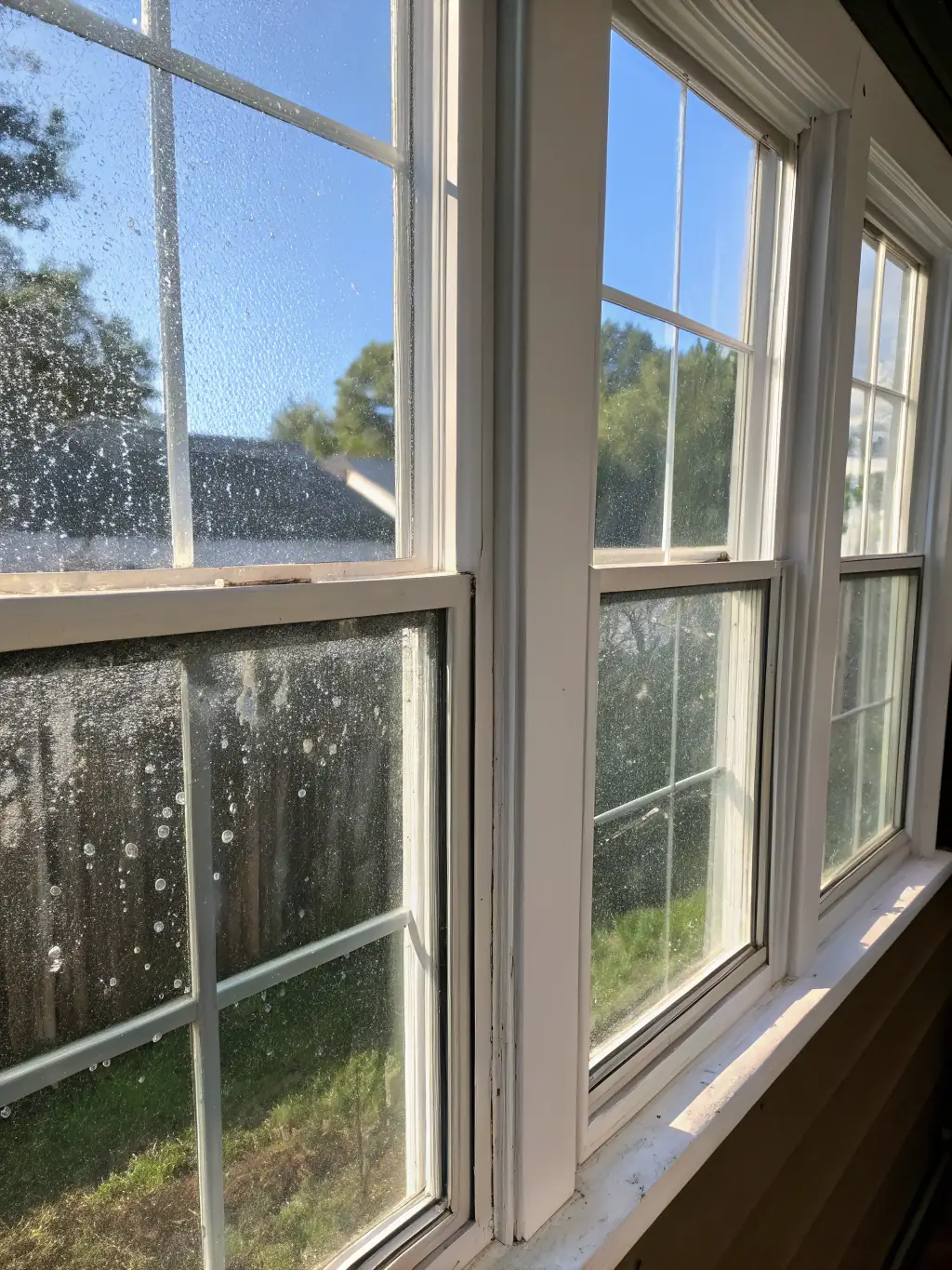 A before-and-after shot of a window cleaned by Xiomara Commercial Cleaning, highlighting the clarity and streak-free finish.