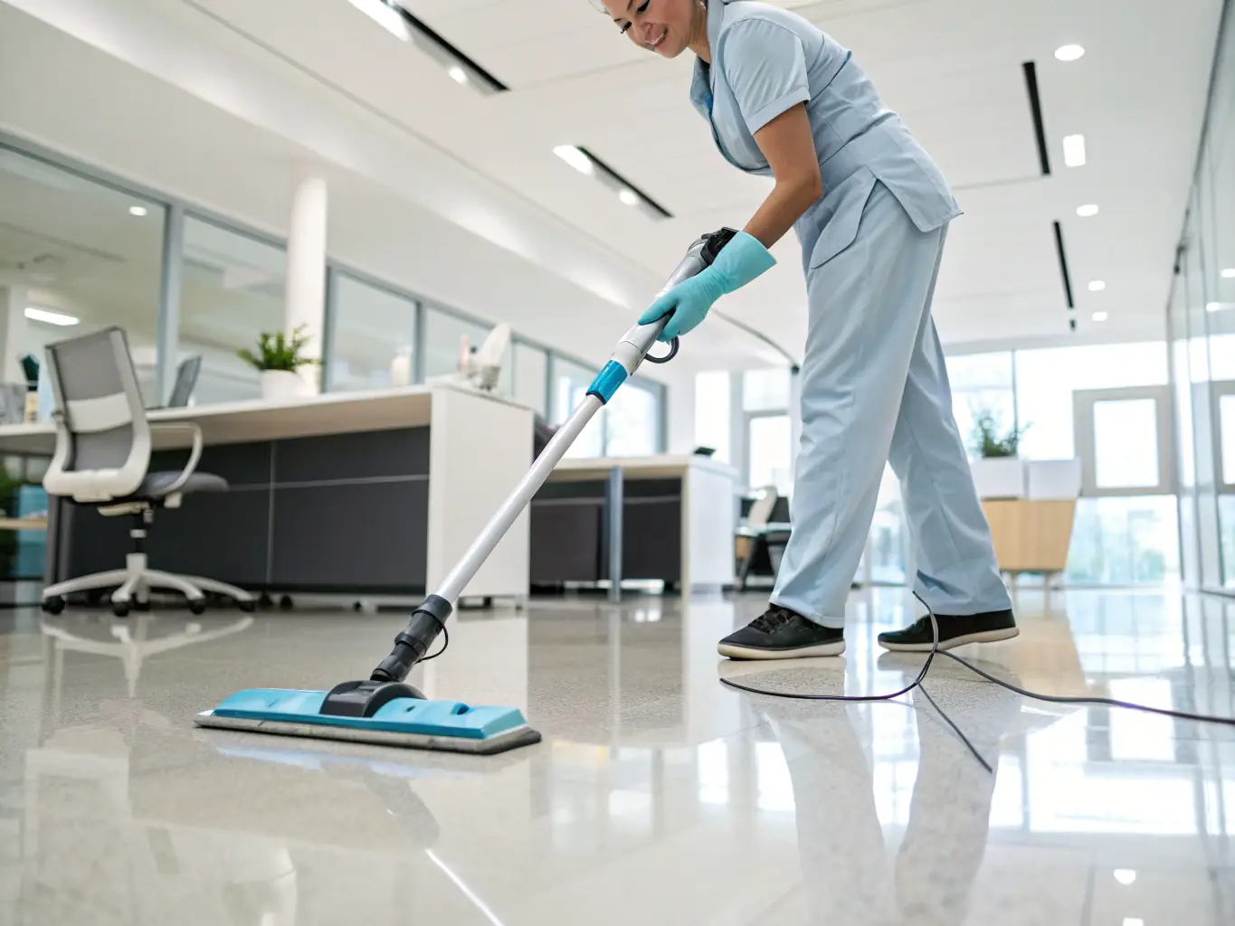 A close-up shot of a cleaning technician meticulously cleaning a surface with eco-friendly products, highlighting the company's commitment to quality and sustainability.