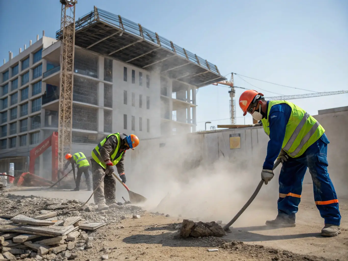 A construction site being thoroughly cleaned by a team wearing safety gear, removing debris and dust after construction work.