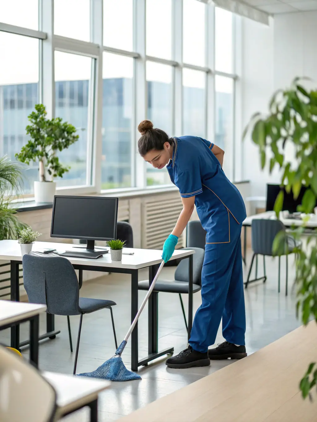 A commercial office space being thoroughly cleaned by a Xiomara Commercial Cleaning employee, showcasing attention to detail and professionalism.