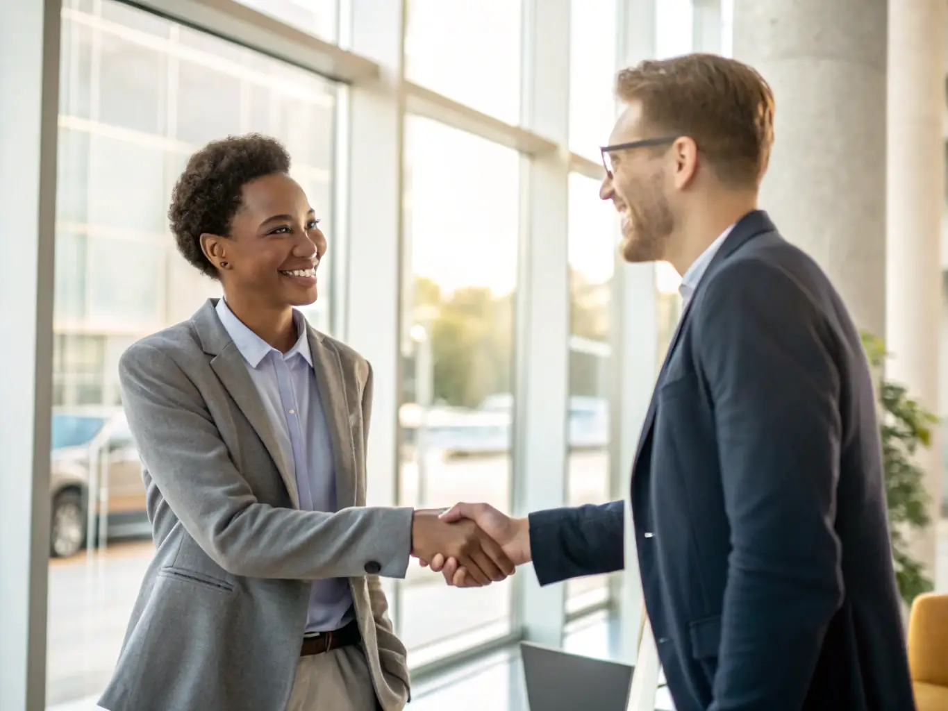 A smiling Xiomara Commercial Cleaning employee is shaking hands with a satisfied client in a spotless office environment, symbolizing trust and reliability.